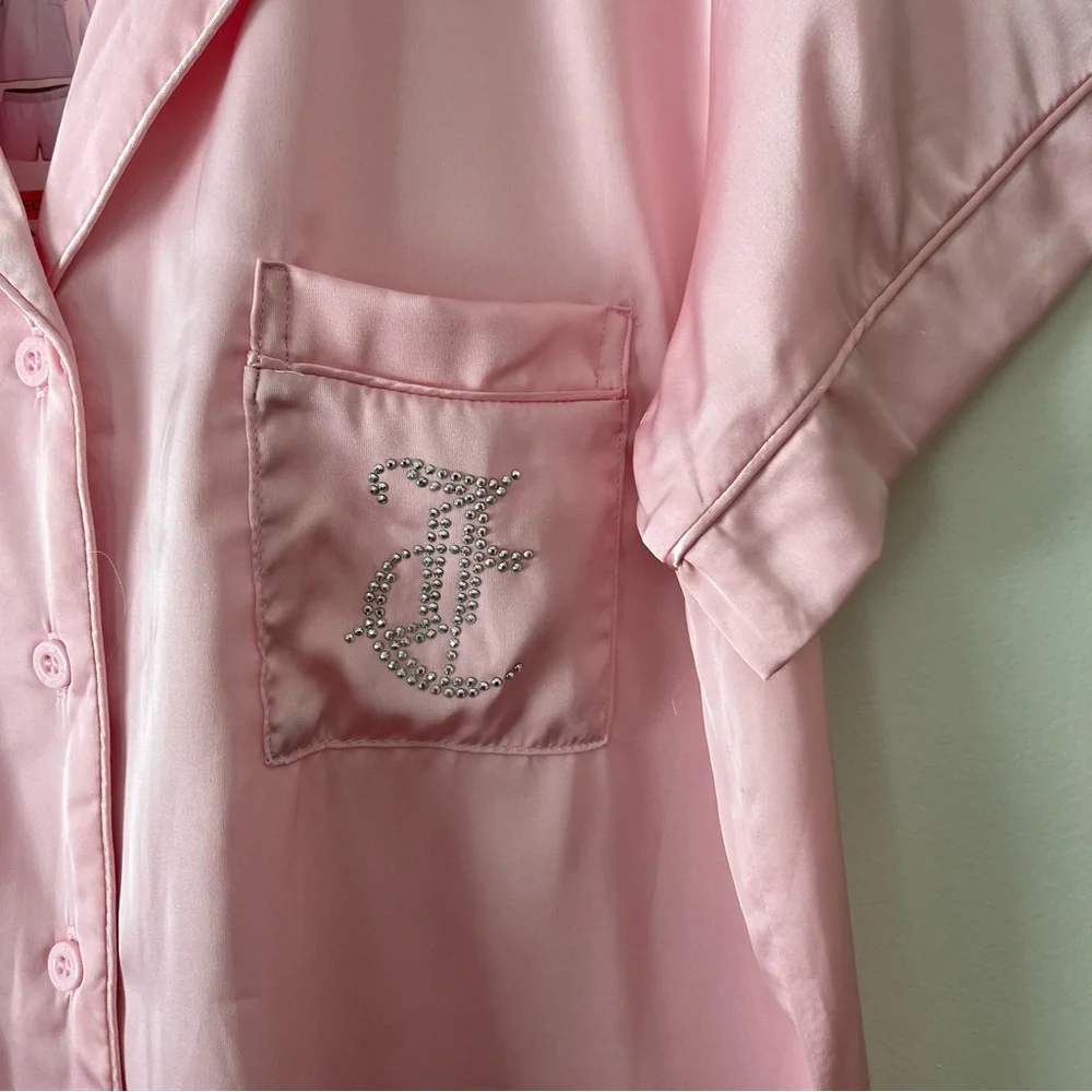 Juicy Couture Satin Pajama Top Medium Pink Rhinestones Button Up NEW